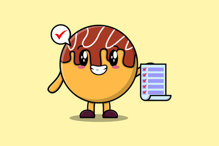 Cute cartoon Takoyaki character holding checklist note in concept flat cartoon styleのイラスト素材