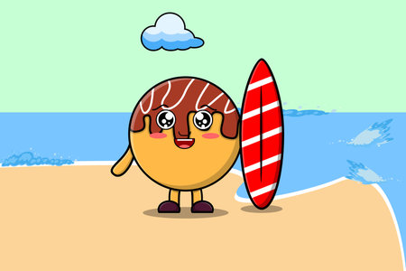 Cute cartoon Takoyaki character playing surfing with surfing boardのイラスト素材