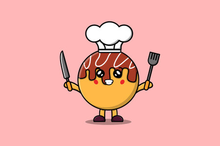 Cute cartoon Takoyaki chef character holding knife and fork in flat cartoon style illustrationのイラスト素材