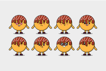 Set kawaii Takoyaki cartoon character with different expressions cartoon face vector illustrationsのイラスト素材