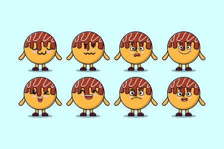 Set kawaii Takoyaki cartoon character with different expressions cartoon face vector illustrationsのイラスト素材