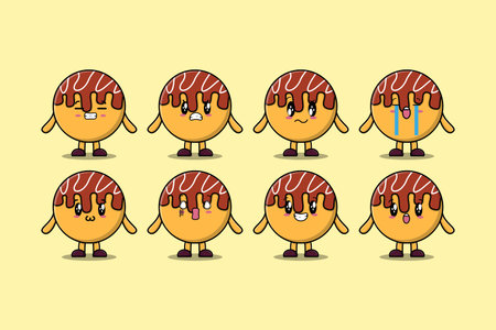 Set kawaii Takoyaki cartoon character with different expressions cartoon face vector illustrationsのイラスト素材