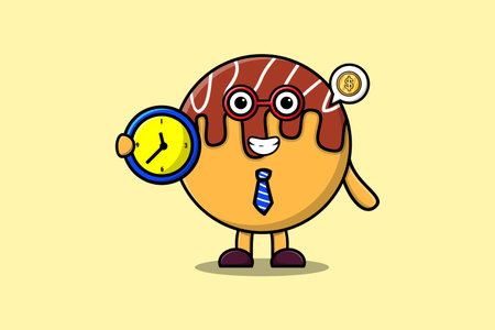 Cute cartoon Takoyaki character holding clock illustration with happy expressionのイラスト素材