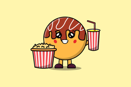 Cute cartoon Takoyaki with popcorn and drink ready to watching film in cinemaのイラスト素材