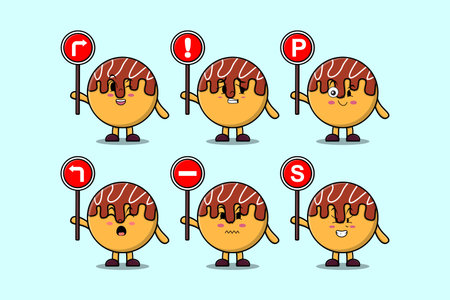 Cute Takoyaki cartoon character holding traffic sign illustration in modern 3d style designのイラスト素材