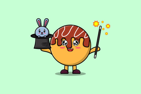 cute cartoon Takoyaki magician character with bunny character coming out from magic hatのイラスト素材