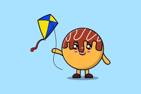 Cute cartoon Takoyaki character playing kite flaying cartoon icon vector illustrationのイラスト素材