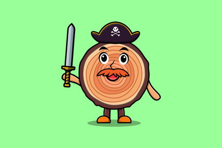 Cute cartoon mascot character Wood trunk pirate with hat and holding sword in modern designのイラスト素材