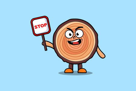 Cute Cartoon mascot illustration Wood trunk with stop sign board vector drawingのイラスト素材