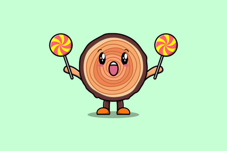 Cute cartoon Wood trunk character holding lollipop candy in flat cartoon illustrationのイラスト素材
