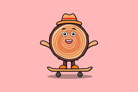 cute cartoon Wood trunk standing on skateboard with cartoon vector illustration styleのイラスト素材