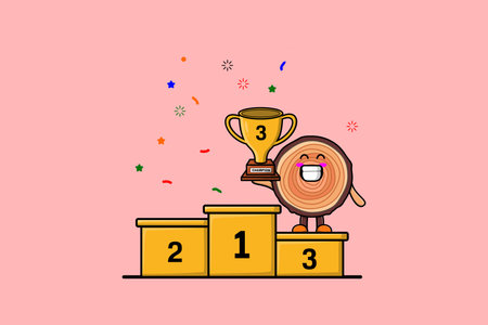 Cute cartoon Wood trunk character as the third winner with happy expression in modern illustrationのイラスト素材
