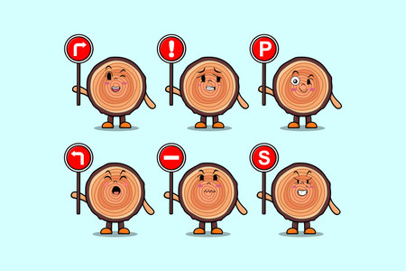Cute Wood trunk cartoon character holding traffic sign illustration in modern 3d style designのイラスト素材