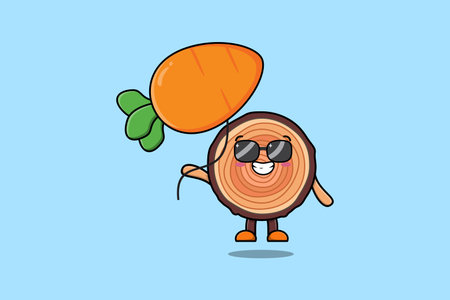 Cute cartoon Wood trunk floating with carrot balloon in flat cartoon vector icon illustrationのイラスト素材