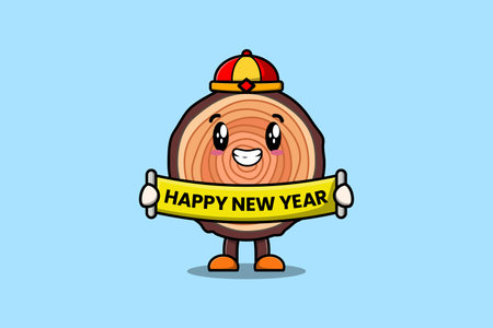 Cute cartoon Wood trunk chinese character holding happy new year board illustrationのイラスト素材