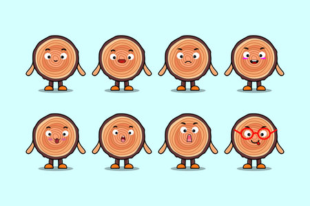 Set kawaii Wood trunk cartoon character with different expressions cartoon face vector illustrationsのイラスト素材