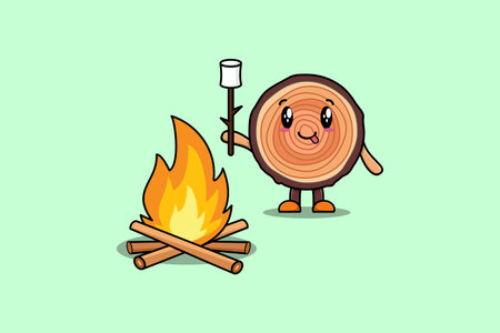 Cute cartoon wood trunk character is burning marshmallowのイラスト素材