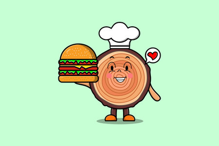 Cute cartoon Wood trunk chef character holding burger in flat cartoon style illustrationのイラスト素材