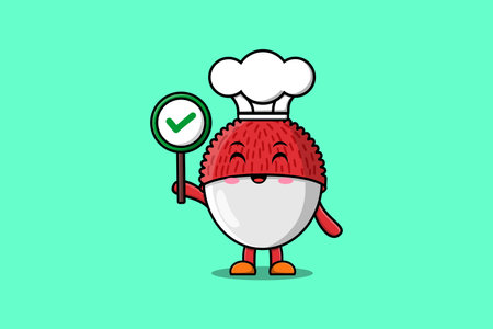 Cute cartoon Lychee chef character holding correct sign board in vector character illustrationのイラスト素材