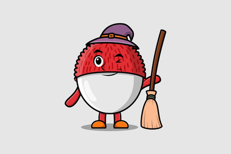 Cute cartoon witch shaped Lychee character with hat and broomstick cute style illustrationのイラスト素材