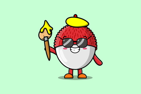 Cute cartoon character Lychee painter portraitist with hat and a brush to draw in cute design styleのイラスト素材