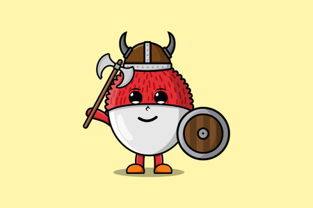 Cute cartoon character Lychee viking pirate with hat and holding ax and shieldのイラスト素材