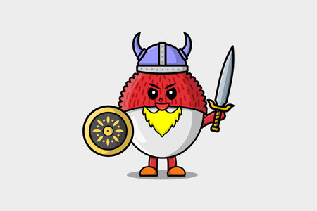 Cute cartoon character Lychee viking pirate with hat and holding sword and shield illustrationのイラスト素材