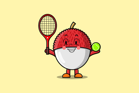 Cute cartoon Lychee character playing tennis field in flat cartoon style illustrationのイラスト素材