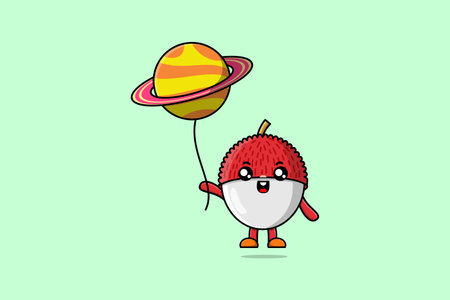 Cute cartoon Lychee floating with planet balloon cartoon vector illustrationのイラスト素材