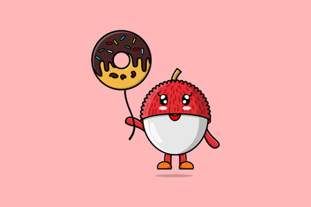 Cute cartoon Lychee floating with donuts balloon cartoon vector illustrationのイラスト素材