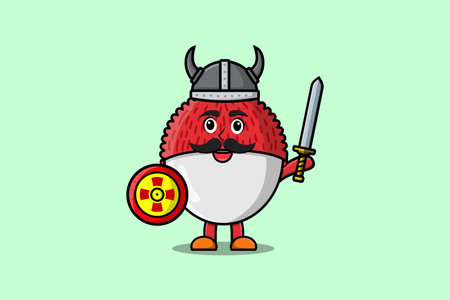 Cute cartoon character Lychee viking pirate with hat and holding sword and shield illustrationのイラスト素材
