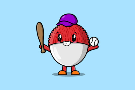 Cute cartoon Lychee character playing baseball in modern style designのイラスト素材