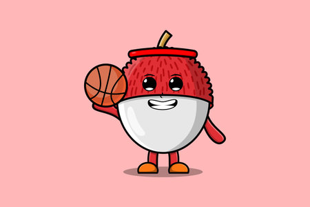 Cute cartoon Lychee character playing basketball in flat modern style design illustrationのイラスト素材