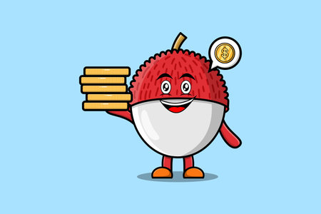 Cute cartoon Lychee character holding in stacked gold coin vector illustrationのイラスト素材