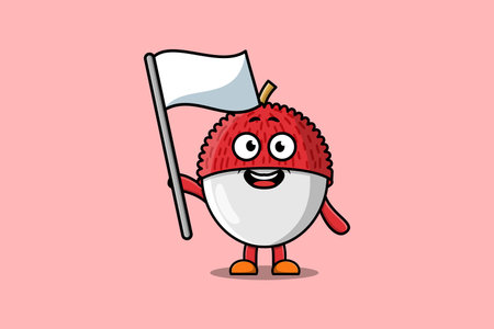 Cute cartoon Lychee mascot character with white flag in modern design illustrationのイラスト素材