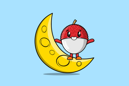 Cute cartoon Lychee character standing on the crescent moon in 3d modern design illustrationのイラスト素材