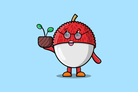 Cute cartoon Lychee character holding clock illustration with happy expressionのイラスト素材