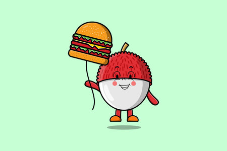 Cute cartoon Lychee floating with burger balloon in flat cartoon vector icon illustrationのイラスト素材