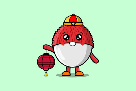 Cute cartoon Lychee chinese character holding lantern in vector icon illustrationのイラスト素材
