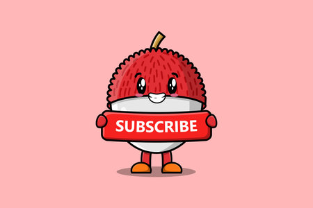 Cute cartoon Lychee character holding red subscribe boardのイラスト素材