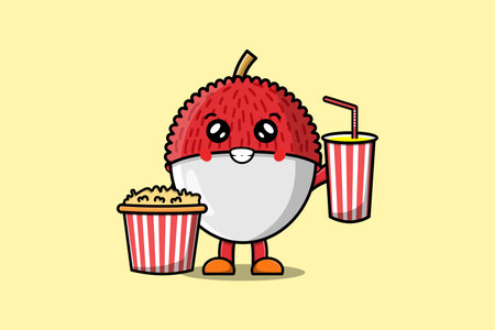 Cute cartoon Lychee with popcorn and drink ready to watching film in cinemaのイラスト素材