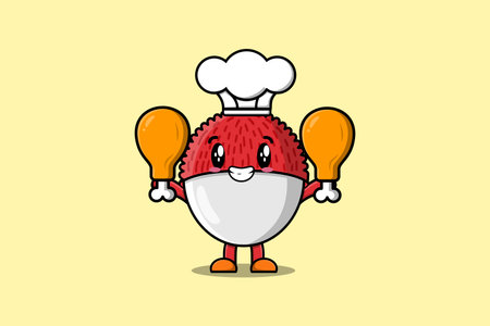 Cute cartoon Lychee chef character holding two chicken thighs in flat cartoon style illustrationのイラスト素材