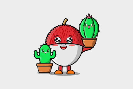 Cute cartoon Lychee character holding Lychee plant in pot vector icon illustrationのイラスト素材