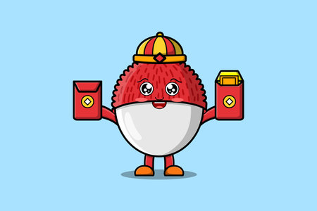 Cute cartoon Lychee chinese character holding red packets vector icon illustrationのイラスト素材