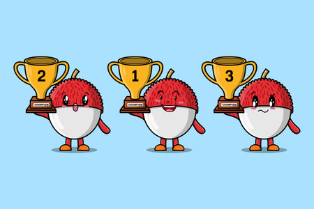 Set of cute cartoon Lychee holding trophy with happy expression in 3d modern style designのイラスト素材