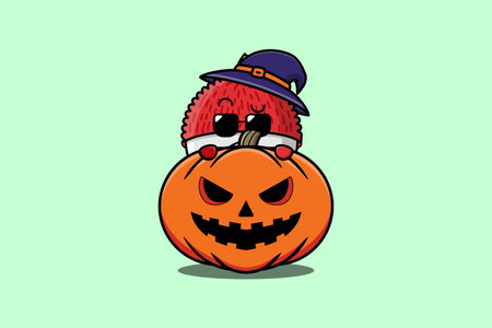 Cute Lychee cartoon character hiding in pumpkin halloween illustration in flat modern designのイラスト素材
