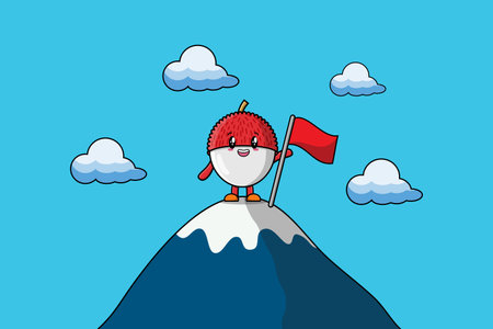 Illustration of cute character Lychee climbs top mountain in flat modern designのイラスト素材