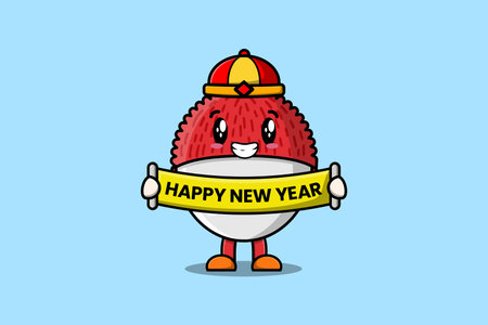 Cute cartoon Lychee chinese character holding happy new year board illustrationのイラスト素材