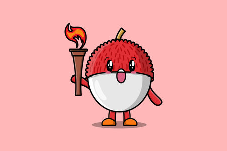 Illustration of cute Lychee cartoon character holding fire torch in flat modern designのイラスト素材