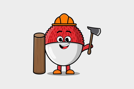 Cute cartoon Lychee as carpenter character with ax and wood in flat modern styleのイラスト素材